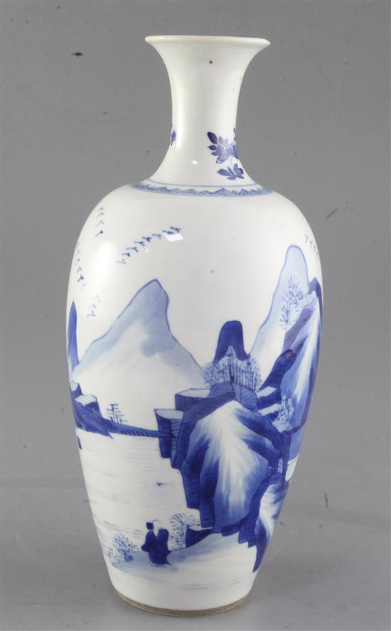 A Chinese blue and white ovoid vase, Kangxi period, height 27.5cm, neck restored